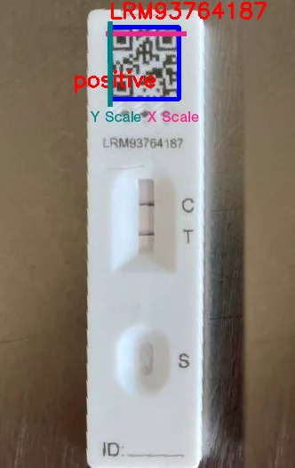 Lateral flow test labelled with ID number at the top, positive label over QR code, QR is within a bounding box. Y-axis and X-axis is labelled for the scale