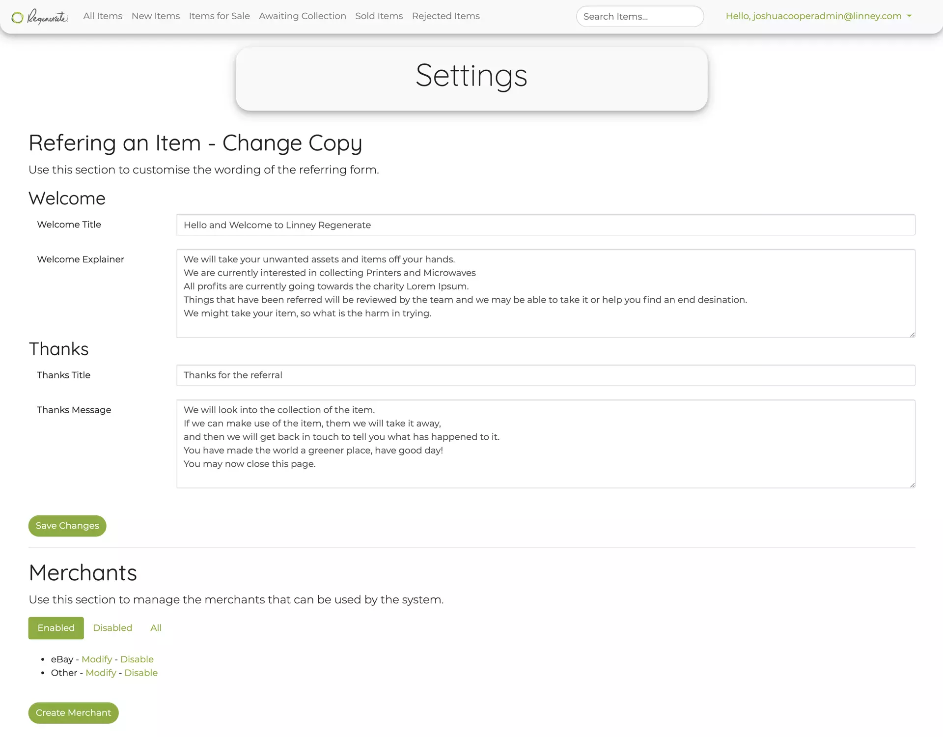 the application showing the settings that can be changed