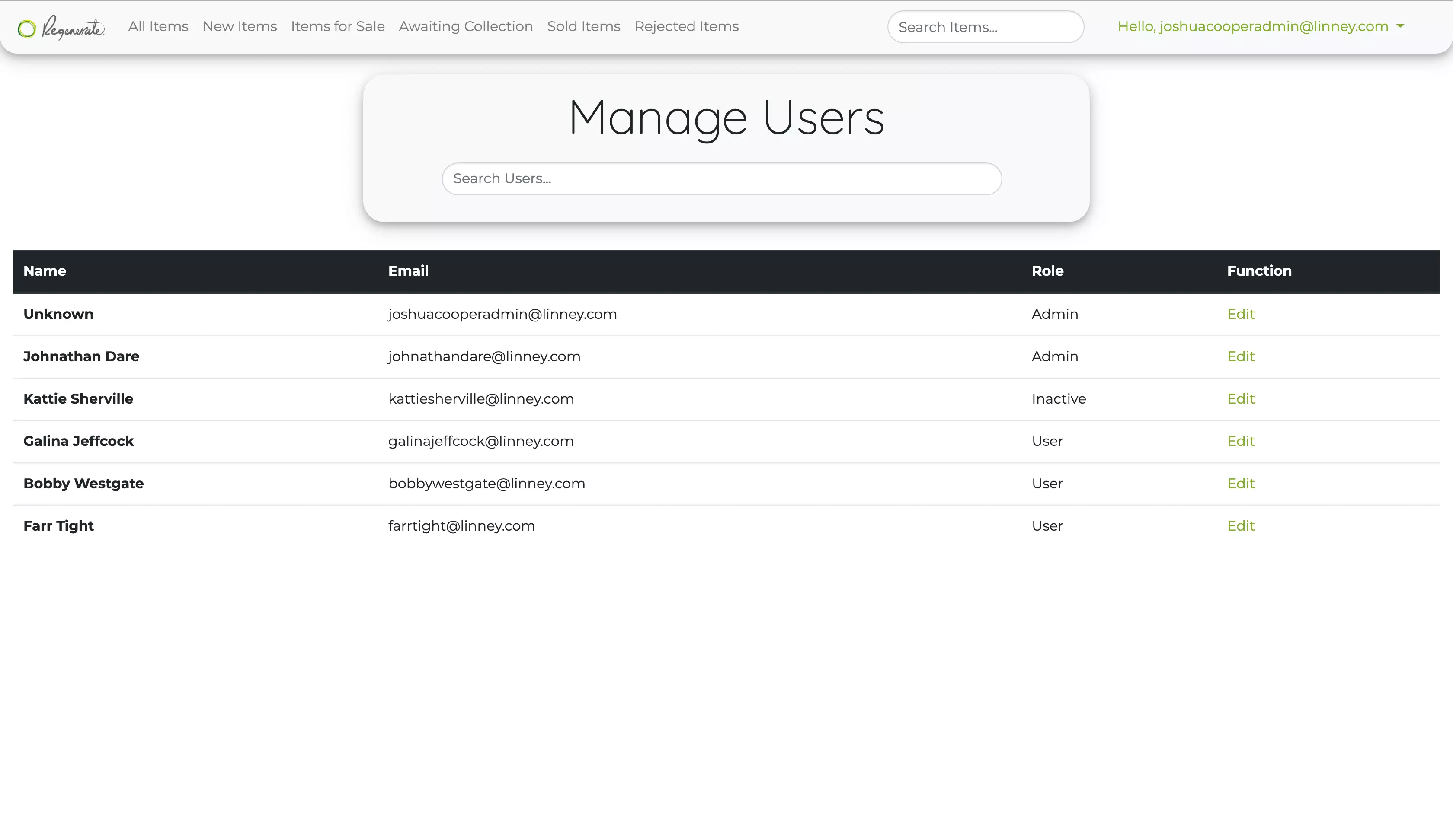 the application showing the list of users and their access levels